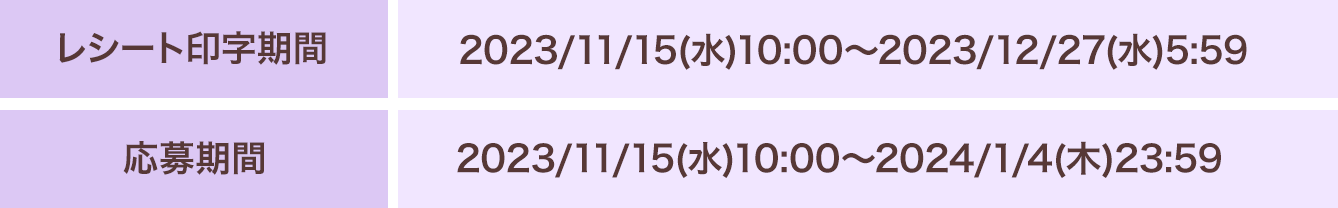 [レシート印字期間]11/15(水)10:00～12/27(水) 5:59 [応募期間]11/15(水)10:00～2024/1/4(木) 23:59